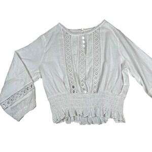 LUSH White Eyelet Lace Smocked Waist Cropped Peasant Blouse Top boho cottagecore